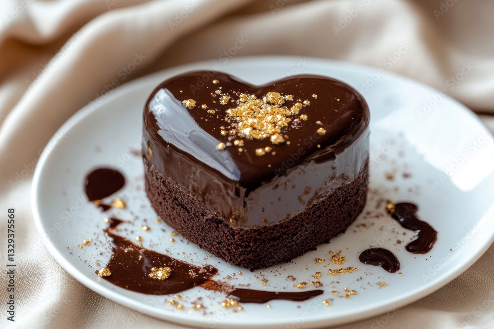 Heart Shaped Chocolate Cake with Golden Flakes on White Plate Heart Shaped Chocolate Cake with Golden Flakes on White Plate