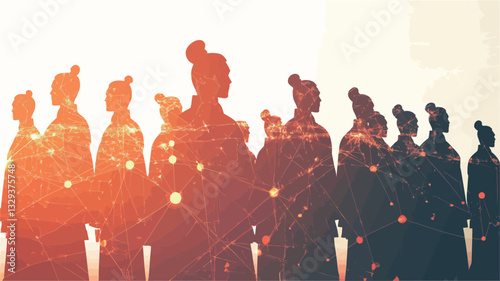 The image depicts a large group of silhouetted human figures standing closely together.  The figures are largely indistinct, lacking individual detail.  They are predominantly dark in tone,
