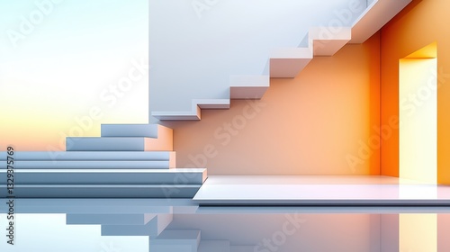 Bright white stairs lead to an open doorway with light