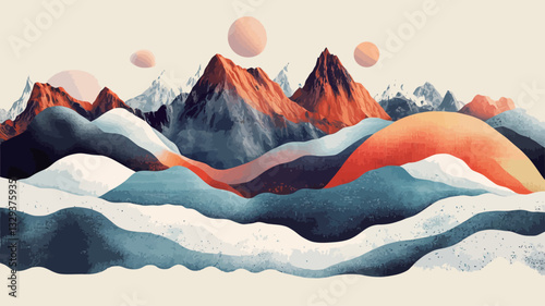 Digital illustration depicting a stylized landscape featuring a range of mountains in varying shades of red, orange, blue, and dark gray. The mountains are rendered with smooth, rounded forms.  The