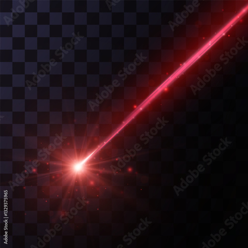 Red laser beam light effect isolated on transparent background.