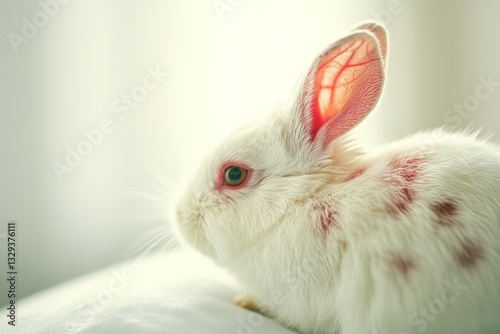 A white rabbit with revealing red-tinted ear veins is bathed in soft light, embodying gentleness and innocence against a light backdrop.