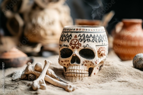 A realistic archaeological dig site recreated indoors, with tools, bones, and ancient pottery partially buried in the sand