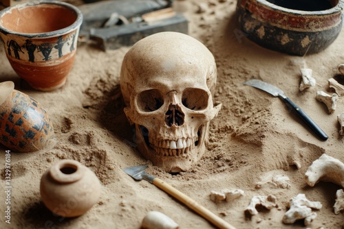 A realistic archaeological dig site recreated indoors, with tools, bones, and ancient pottery partially buried in the sand
