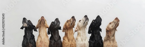 Photograph of a group of dogs looking up, isolated on a white background, with a banner and copy space area. A variety of different dog breeds,  photo