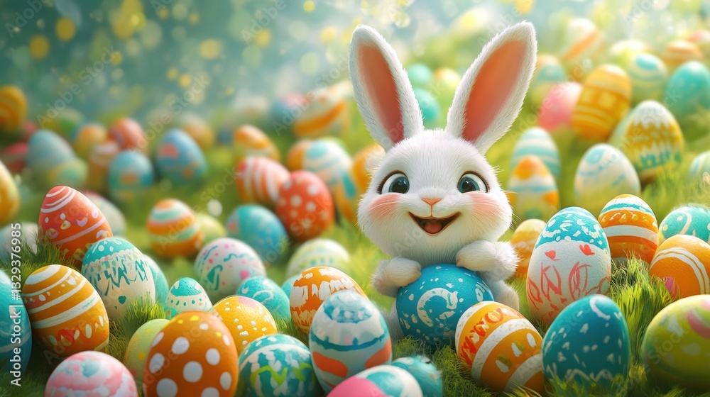 Adorable Bunny With Easter Eggs In Flowery Meadow Adorable Bunny With Easter Eggs In Flowery Meadow