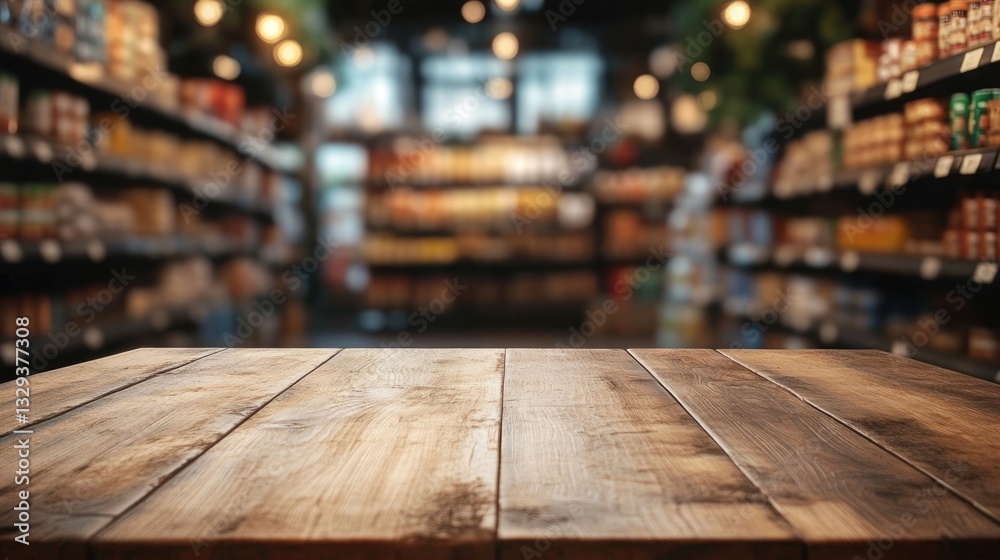 Empty old wood counter with blur bokeh supermarket background for product display.