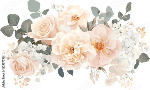Dusty pink and cream rose, peony, hydrangea flower, tropical leaves vector garland. Dusty pink and cream rose, peony, hydrangea flower, tropical leaves vector garland wedding bouquet