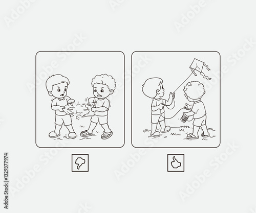 Black-and-white artwork showcasing children contrasting through quarrelling and teamwork, emphasizing the importance of cooperation and kindness. playing kite with friend