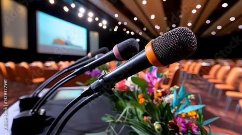 Close up view of microphones setup for public speaking event
