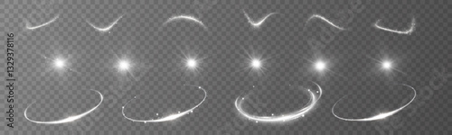 Light effects. Isolated white transparent light effects, vortex, explosions, sparks, dust, lines, sun flares, stars, rings, frames, curve rotation. Sunlight, abstract special effect.