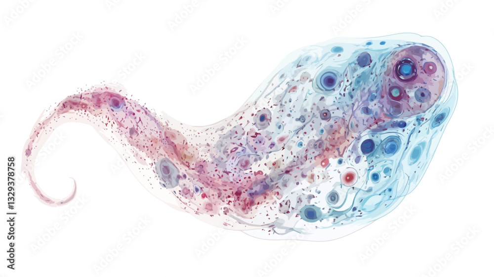 The image depicts an abstract form resembling a swirling ribbon or stream.  It is predominantly pastel pink, blue, and red, with translucent and semi-transparent elements. The form is composed of