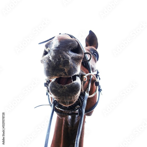 Horse head that puts the horse on the picture from below. A funny picture that has humor and perspective. A noble animal that is looked faithfully and calmly in the mouth.