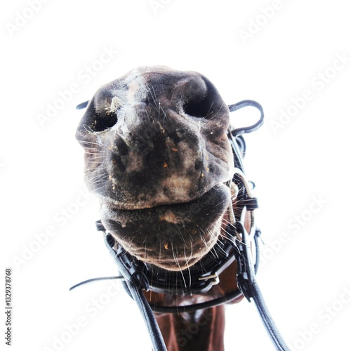 Horse head that puts the horse on the picture from below. A funny picture that has humor and perspective. A noble animal that is looked faithfully and calmly in the mouth.