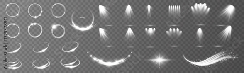 Set of lighting effects. Glow isolated white transparent light effects set, lens flare, explosion, sparkle, line, solar flare, sparks and stars, spotlight, swirl curve.