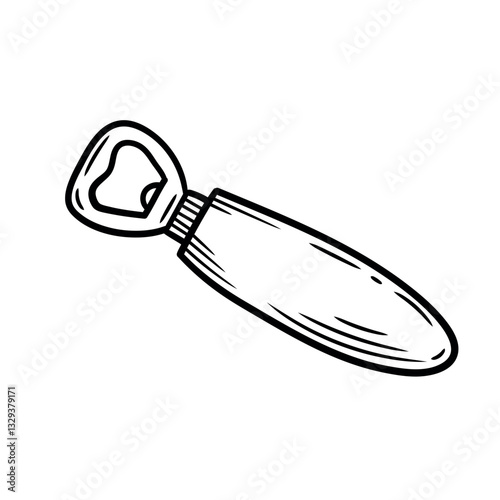 Black and white engraving of a classic beer opener with a wooden handle, for bar branding, beer-related graphics, pub menus, and kitchen tool illustrations