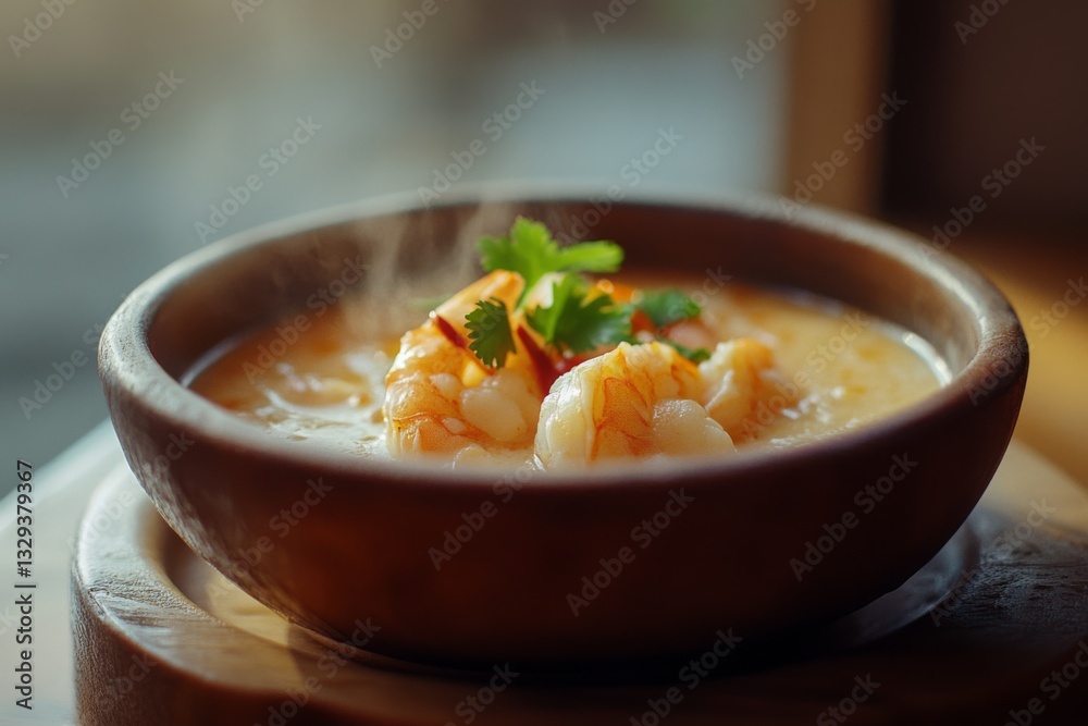 Steaming bowl of shrimp soup garnished with fresh herbs, exuding warmth and inviting comfort with a hint of culinary delight. Steaming bowl of shrimp soup garnished with fresh herbs, exuding warmth and inviting comfort with a hint of culinary delight.