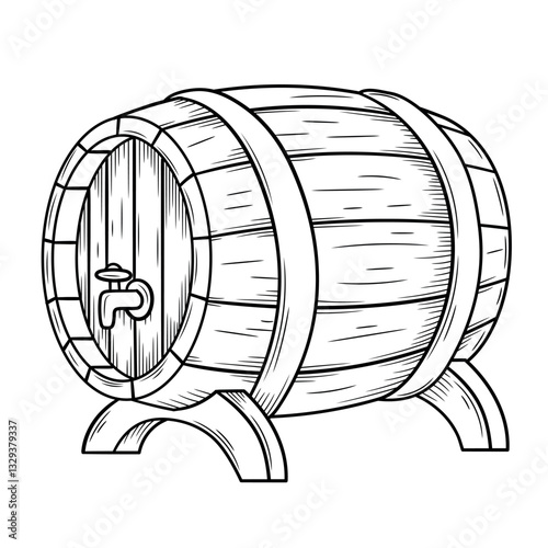 Hand-drawn black and white vector illustration of a wooden beer or wine barrel with a tap on a stand. Vintage engraving-style, perfect for breweries, wineries, pubs, and beverage branding