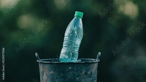 Eco-Conscious Disposal: A plastic water bottle finds its final resting place within a recycling bin, a quiet testament to eco-friendly actions, symbolizing the imperative of waste management.