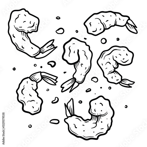 Hand-drawn tempura shrimp illustration in vintage sketch style, perfect for seafood menus and Asian cuisine branding, pub food and beer snack designs