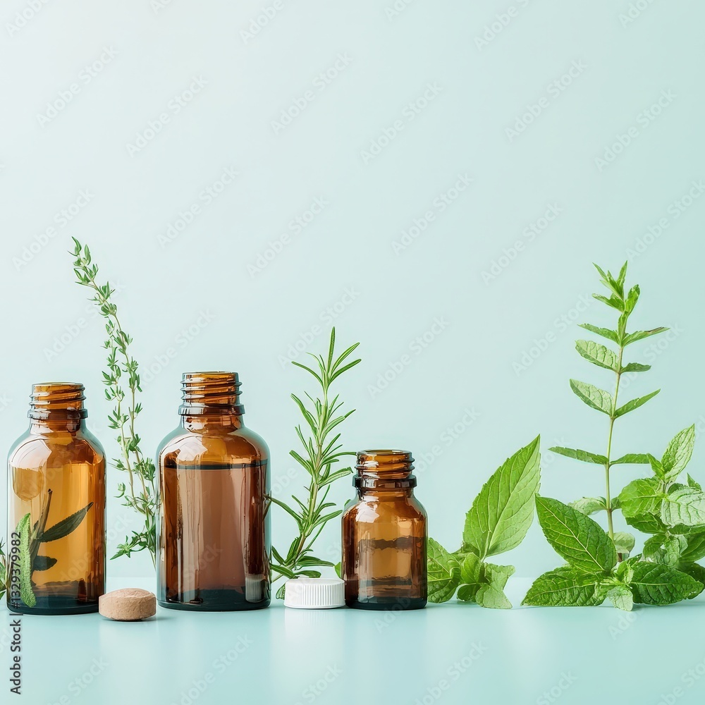 A group of elegant bottles filled with various herbs displaying natural remedies for culinary use A group of elegant bottles filled with various herbs displaying natural remedies for culinary use