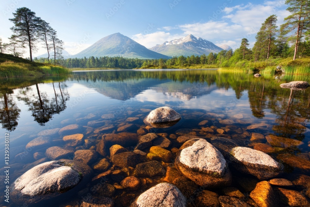 Obraz premium A tranquil lake in a nature reserve, reflecting the surrounding forest and distant mountains under a clear blue sky
