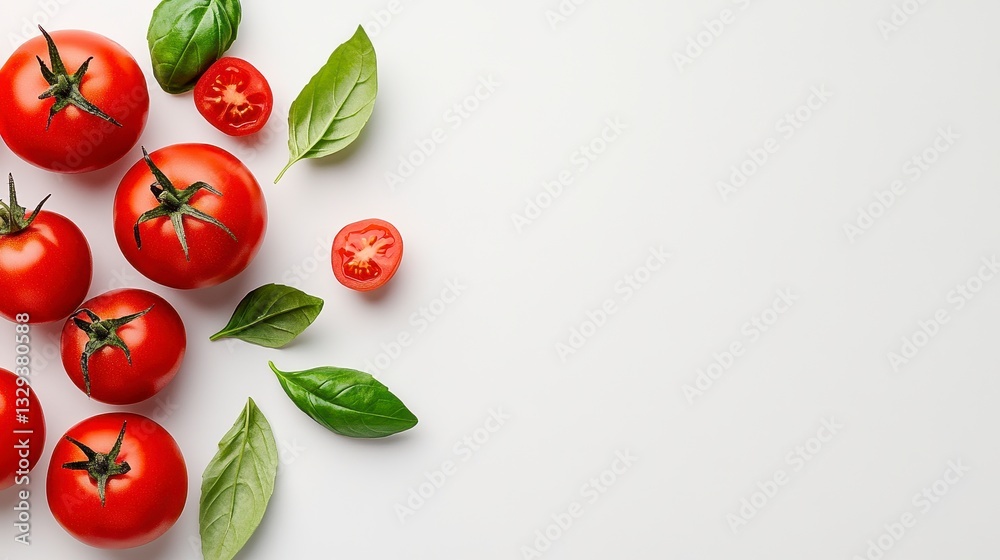 Fototapeta premium Red Tomatoes and Basil on White Background