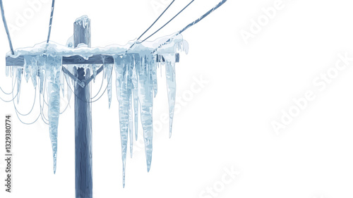Close-up view of a utility pole heavily coated with ice and icicles.  The icicles hang down from the wires and the pole itself. The background is a bright, almost pure white, providing a stark