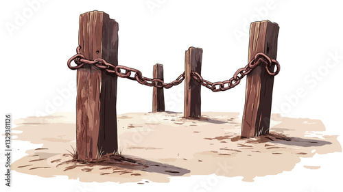 Digital illustration depicting three weathered wooden posts partially embedded in light-brown sand.  A rusty chain is strung between the outer two posts. The style is simple and painterly, with