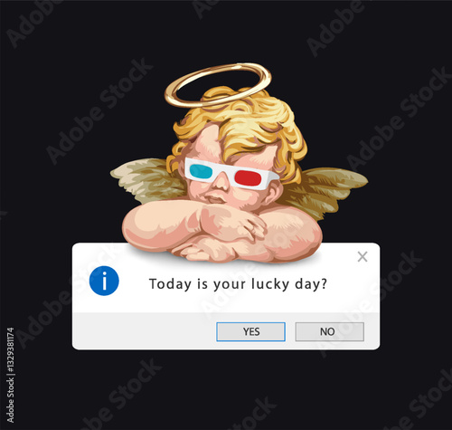 baby angel in 3d glasses and computer pop up box vector illustration created by hand drawn
