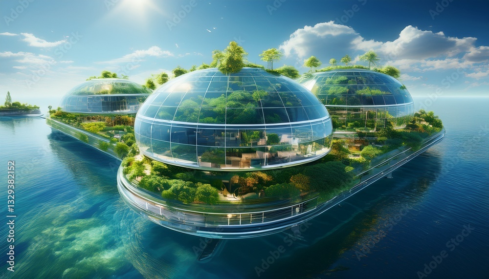 © Photo by mQ - A floating utopia on a clear, calm sea, with huge solar-powered ships featuring transparent walls, offering a glimpse into a serene, sustainable world where nature and technology harmonize seamlessly.