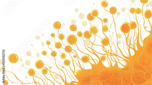 Close-up view of an abstract digital illustration. The image features a dominant orange color scheme with various shades and tones.?The main form is an irregular, amorphous blob of orange, from
