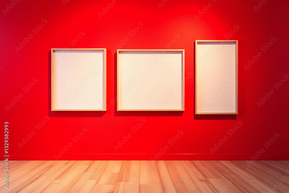 Gallery Interior with empty frames on red wall Gallery Interior with empty frames on red wall