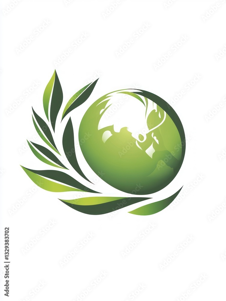 Green Globe Symbol Surrounded by Leaves Concept for Nature and Environment Green Globe Symbol Surrounded by Leaves Concept for Nature and Environment