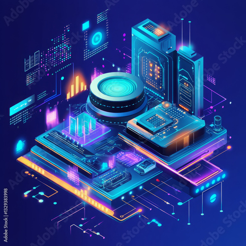 Futuristic Isometric Circuit Board with Glowing Data Streams and Layered Design