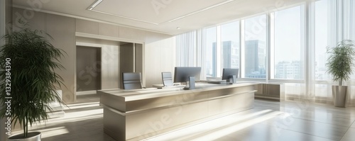 A modern office interior featuring a large desk and tall windows
