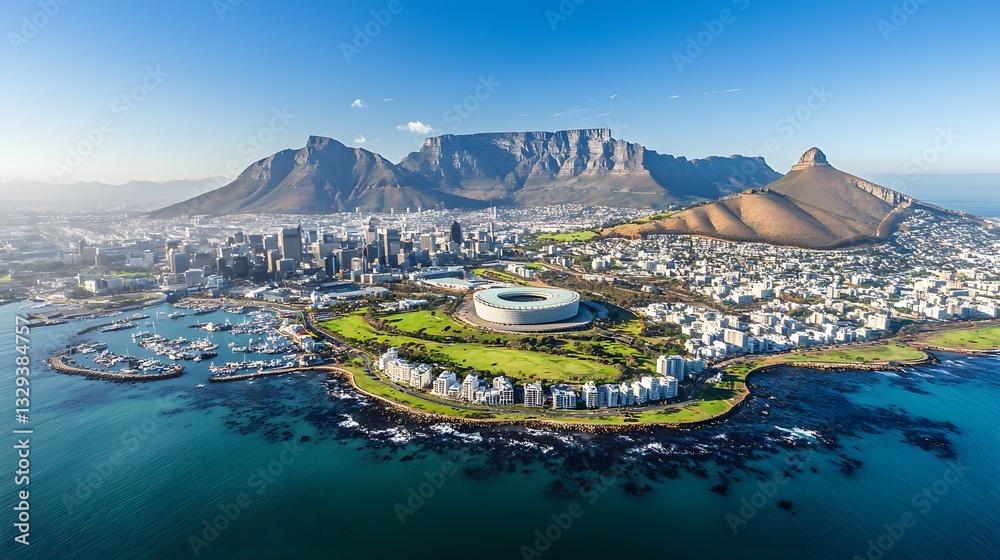 Naklejka premium Stunning aerial view of Cape Town featuring Table Mountain and the city skyline on a clear sunny day