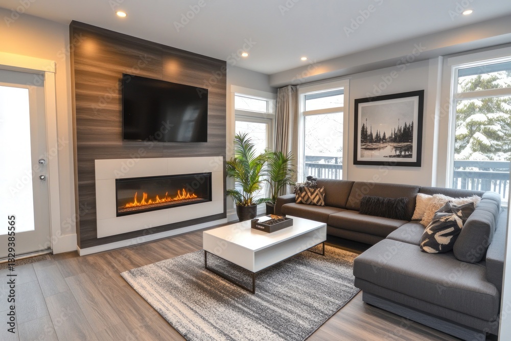 Fototapeta premium Modern living room with fireplace, sectional sofa, and large windows. (1)