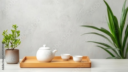 Wallpaper Mural Bamboo serving tray with tea set, natural and elegant, clean minimalist surroundings Torontodigital.ca