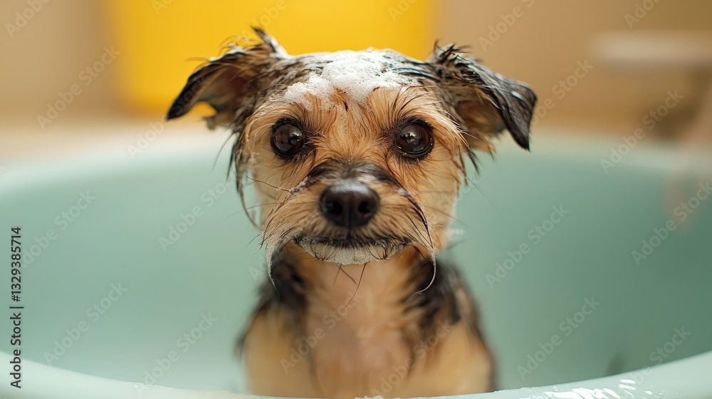 Happy dog relaxing in a warm bath surrounded by bubbles and a cozy atmosphere for grooming Happy dog relaxing in a warm bath surrounded by bubbles and a cozy atmosphere for grooming