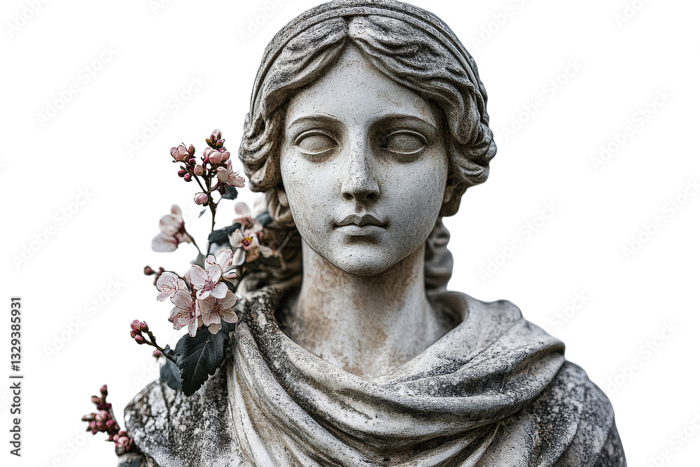 Flower adorned stone statue on transparent bg Flower adorned stone statue on transparent bg