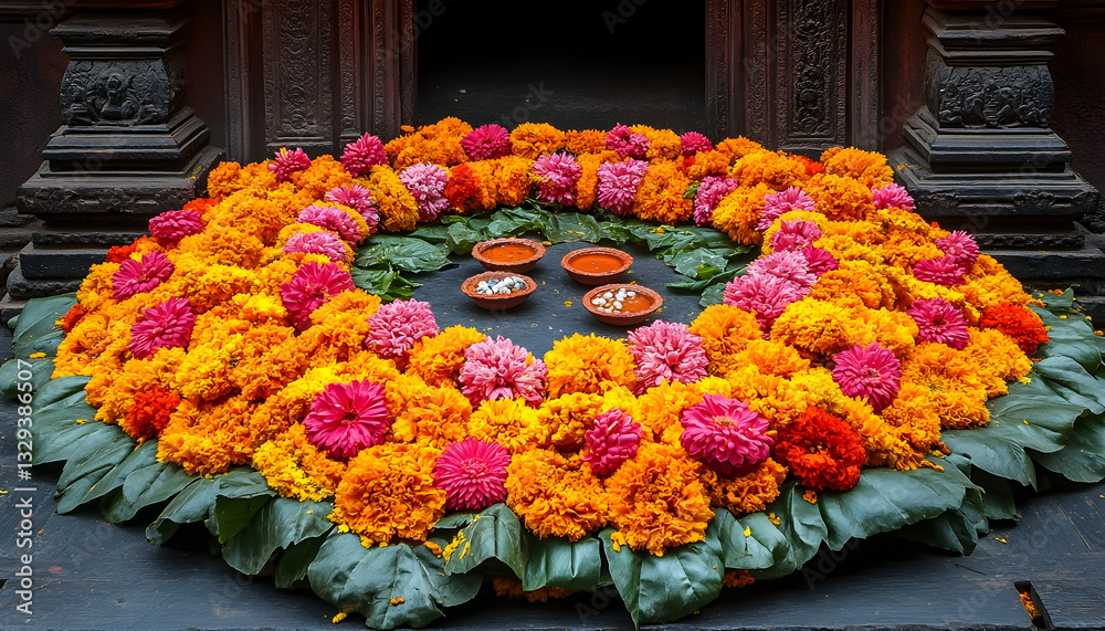 Fototapeta premium Festive Floral Decoration with Diyas at Hindu Temple Entrance Featuring Marigolds and Pink Flowers with Vibrant Colors in Traditional Arrangement