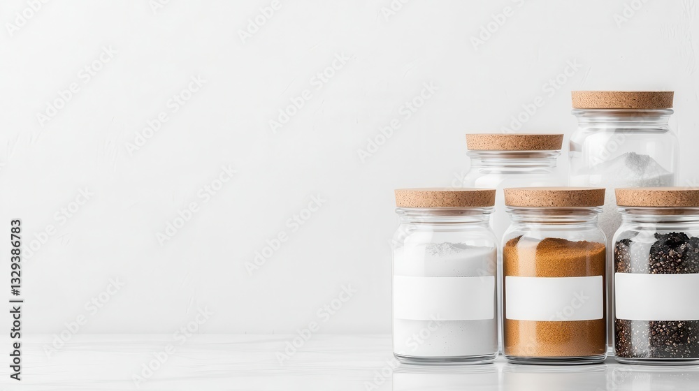 Glass spice jars arranged in a row, labeled neatly, clean minimalist kitchen setup Glass spice jars arranged in a row, labeled neatly, clean minimalist kitchen setup