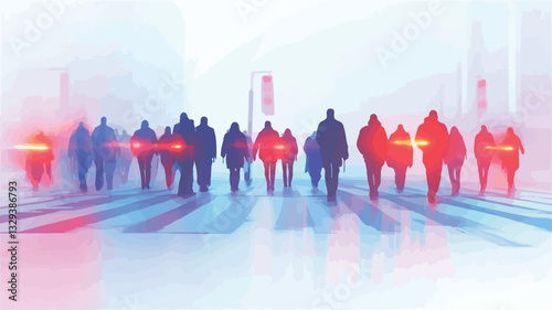 The image is a digital illustration depicting a group of anonymous figures walking in an abstract urban space. The figures are rendered as dark silhouettes, lacking individual features. They are