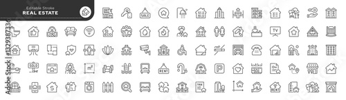 Real estate line icon set. Buying, selling and renting a house. Mortgages and housing loans. Outline vector icon in linear style. Pictogram collection