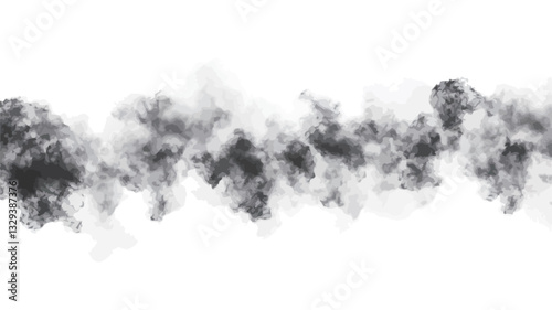 The image presents a horizontal band of abstract, grayscale smoke or cloud formations against a pure white background.  The smoke is primarily dark gray and black, with varying densities and