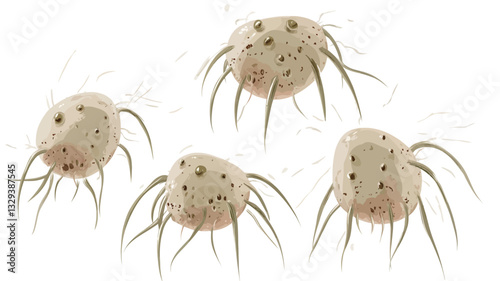 A digital illustration depicts four microscopic organisms against a pure white background.  Each organism is roughly ovoid with a textured surface showing small dark spots.  Numerous thin, spindly