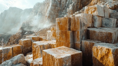 Workers extract and prepare stone blocks in a natural quarry. The rugged landscape showcases towering rock formations and ongoing stone-cutting activities.