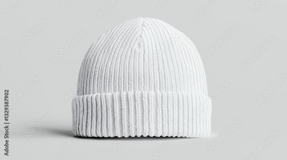 Fototapeta premium White Knit Beanie Hat on Light Gray Background