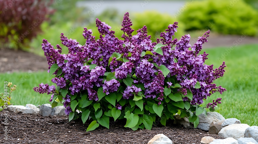 Obraz premium Vibrant Purple Lilac Bush Blooming in a Spring Garden AI Generated